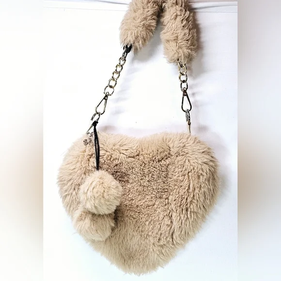 Beige Hobo Mini Tote Handbag Fluffy Fur Purse - Picture 2 of 5